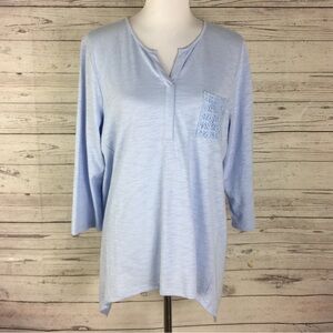 Chico’s Women’s Blue 3/4 Sleeve Lace Detail Asymmetrical Hem Stretch Knit Top